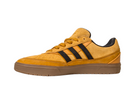 The JI0851 Mesa Black Gum Tyshawn 2 II adidas skateboarding shoe features mustard yellow leather and suede, black stripes, a brown cupsole, and black interior, shown from the side against a white background.