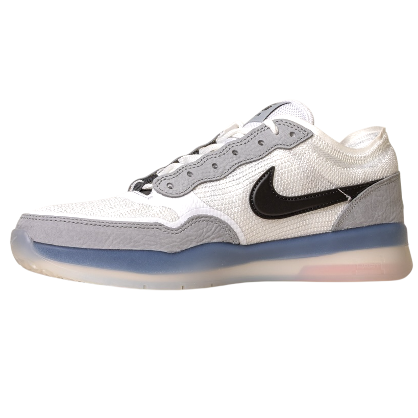 The FV8493-004 Grey White PS8 Nike SB Leather Knit Shoes feature a white and gray design, black Swoosh, mesh upper, suede accents, Air Zoom cushioning, and a translucent blue sole, shown from the side against a white background.