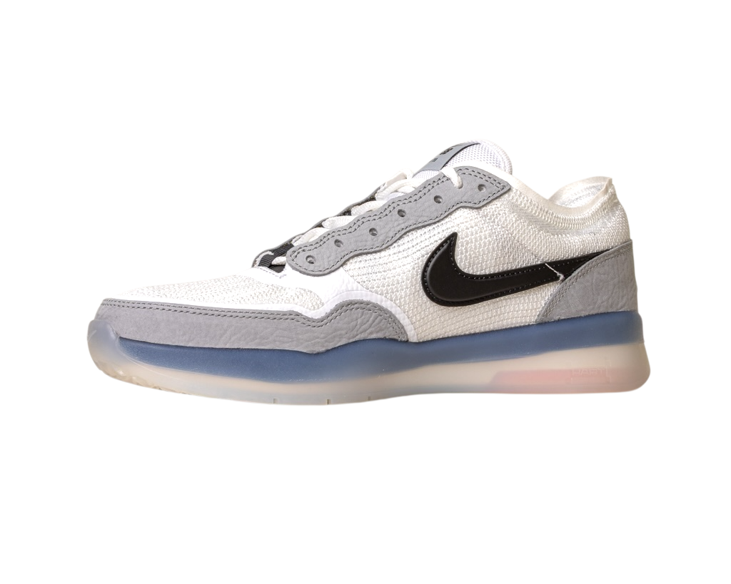 The FV8493-004 Grey White PS8 Nike SB Leather Knit Shoes feature a white and gray design, black Swoosh, mesh upper, suede accents, Air Zoom cushioning, and a translucent blue sole, shown from the side against a white background.