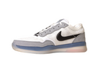 The FV8493-004 Grey White PS8 Nike SB Leather Knit Shoes feature a white and gray design, black Swoosh, mesh upper, suede accents, Air Zoom cushioning, and a translucent blue sole, shown from the side against a white background.