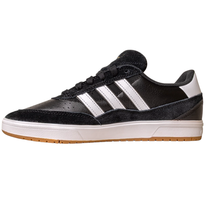 The JI 0846 Black White Gum Tyshawn 2 II Adidas Skateboarding Leather Suede Shoes features three white stripes, a white heel tab, black laces, and a white sole with a light brown gum outsole, shown in side profile on a plain background.