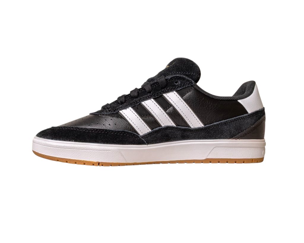 The JI 0846 Black White Gum Tyshawn 2 II Adidas Skateboarding Leather Suede Shoes features three white stripes, a white heel tab, black laces, and a white sole with a light brown gum outsole, shown in side profile on a plain background.