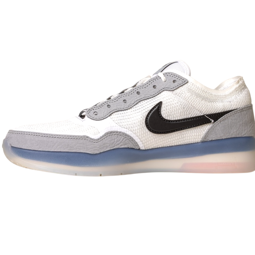 The FV8493-004 Grey White PS8 Nike SB Leather Knit Shoes feature gray and white leather-knit uppers, a black swoosh, translucent blue-tinted soles, and Air Zoom cushioning, displayed in side profile on a plain white background.