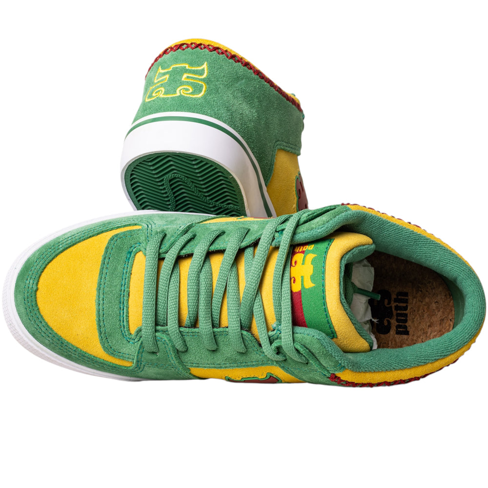 The Kenny Reed Mid Vulc Green Yellow Suede I Path skateboarding shoes feature green and yellow suede, red accents, green laces, a yellow tongue, Kenny Reed Vulc logos, white midsoles, and textured green outsoles, shown from above and the back.