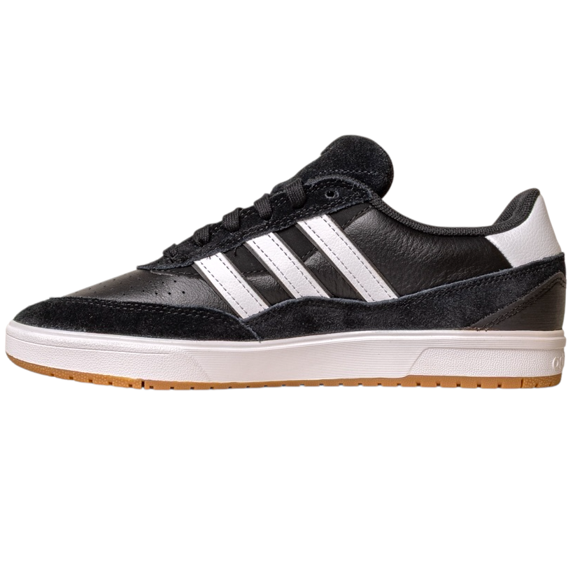 The JI 0846 Black White Gum Tyshawn 2 II Adidas Skateboarding Shoes feature black leather and suede uppers, three white stripes, a white heel, black laces, a white midsole, and a gum outsole, shown on a white background.