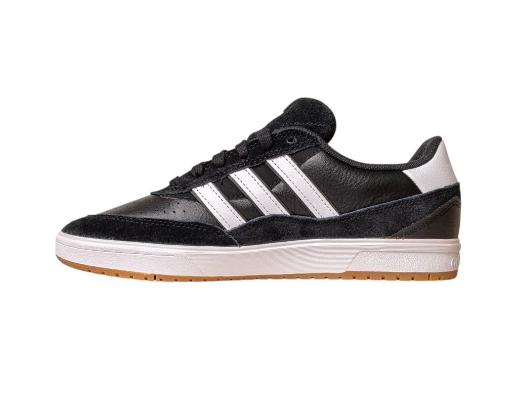 The JI 0846 Black White Gum Tyshawn 2 II Adidas Skateboarding Shoes feature black leather and suede uppers, three white stripes, a white heel, black laces, a white midsole, and a gum outsole, shown on a white background.