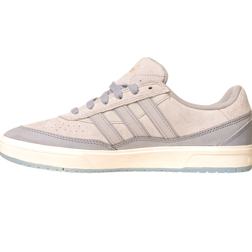 The JI0848 Granite White Tyshawn 2 II Adidas Skateboarding Shoes feature beige and gray suede, light gray laces, three side stripes, and a white and light gray rubber sole, shown from the side on a white background.