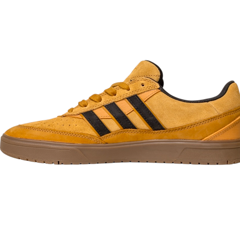 The JI0851 Mesa Black Gum Tyshawn 2 II Adidas Leather Suede Skateboarding Shoe features mustard yellow uppers with brown accents, black side stripes, and a light brown cupsole, showcased in a side profile view.