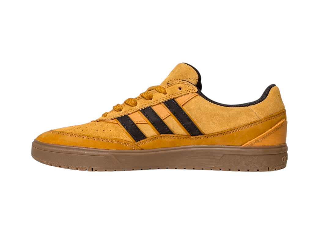 The JI0851 Mesa Black Gum Tyshawn 2 II Adidas Leather Suede Skateboarding Shoe features mustard yellow uppers with brown accents, black side stripes, and a light brown cupsole, showcased in a side profile view.
