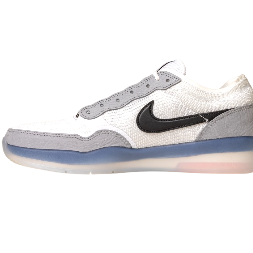 The FV8493004 Grey White PS8 Nike SB Leather Knit Shoes feature a white and light gray mesh upper, gray suede overlays, a black Nike Swoosh, and a translucent HART outsole with blue and pink accents, blending Nike SB PS8 style with daily versatility.