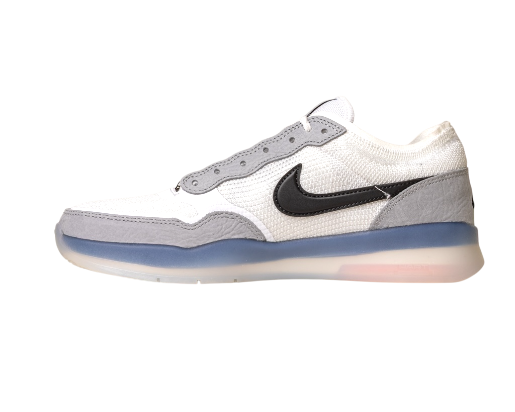 The FV8493004 Grey White PS8 Nike SB Leather Knit Shoes feature a white and light gray mesh upper, gray suede overlays, a black Nike Swoosh, and a translucent HART outsole with blue and pink accents, blending Nike SB PS8 style with daily versatility.