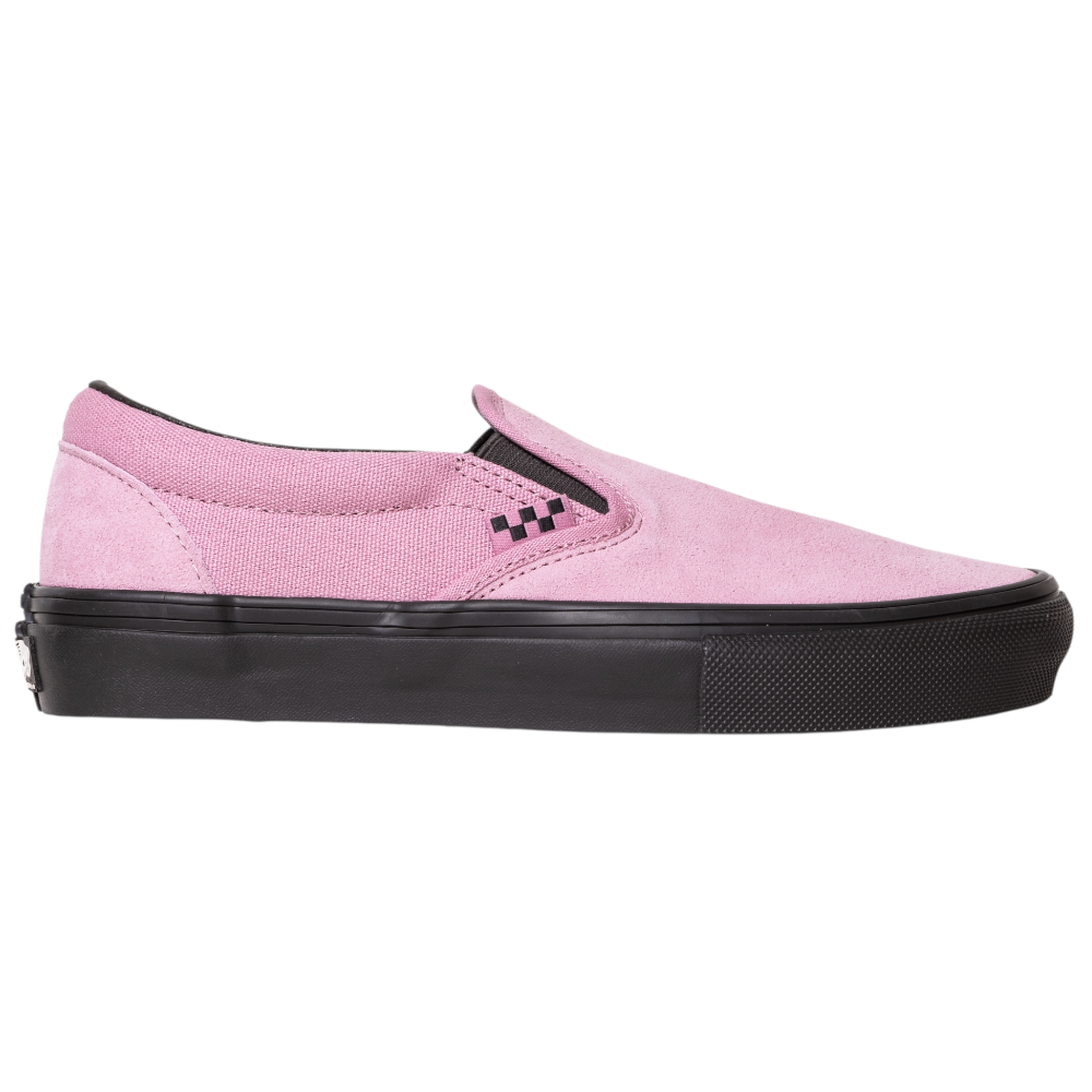 The VN0A5FCAPIB1 Pink Black Skate Slip On Vans Suede Shoes feature a pink suede upper with black detailing and a black sole, built for durability and board control. Shown in side profile on a white background.