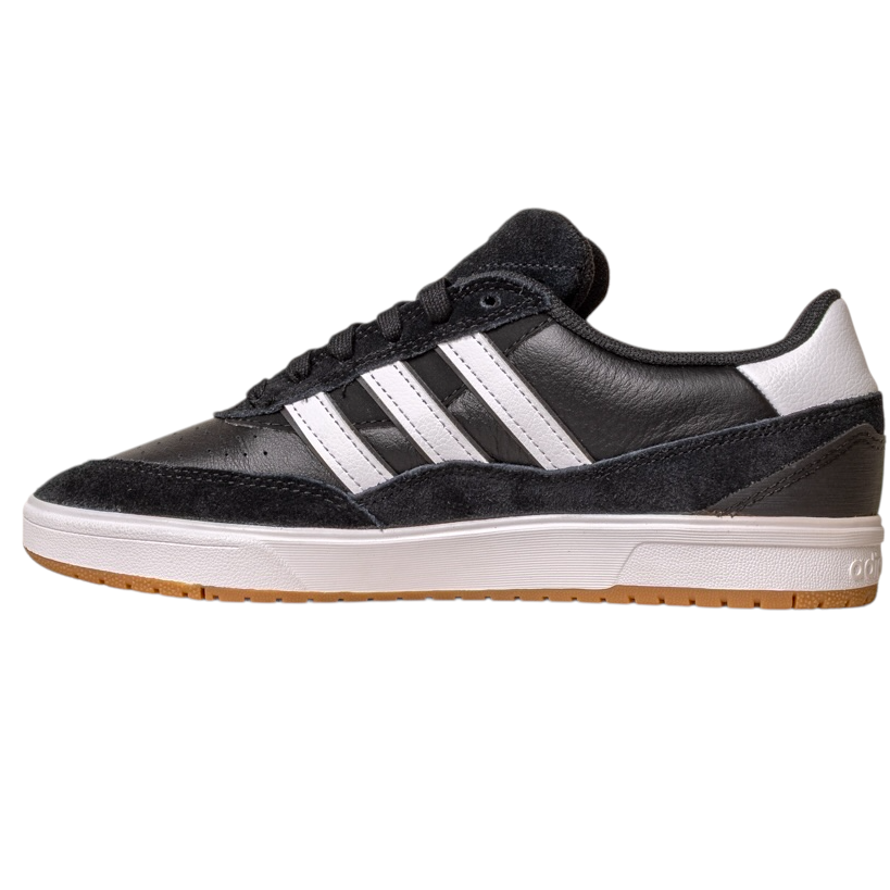 The JI 0846 Black White Gum Tyshawn 2 II Adidas Skateboarding Shoes feature black leather and suede, white stripes, a white heel and sole, and a light brown gum bottom, shown from the side on a white background. Perfect for stylish skateboarding.