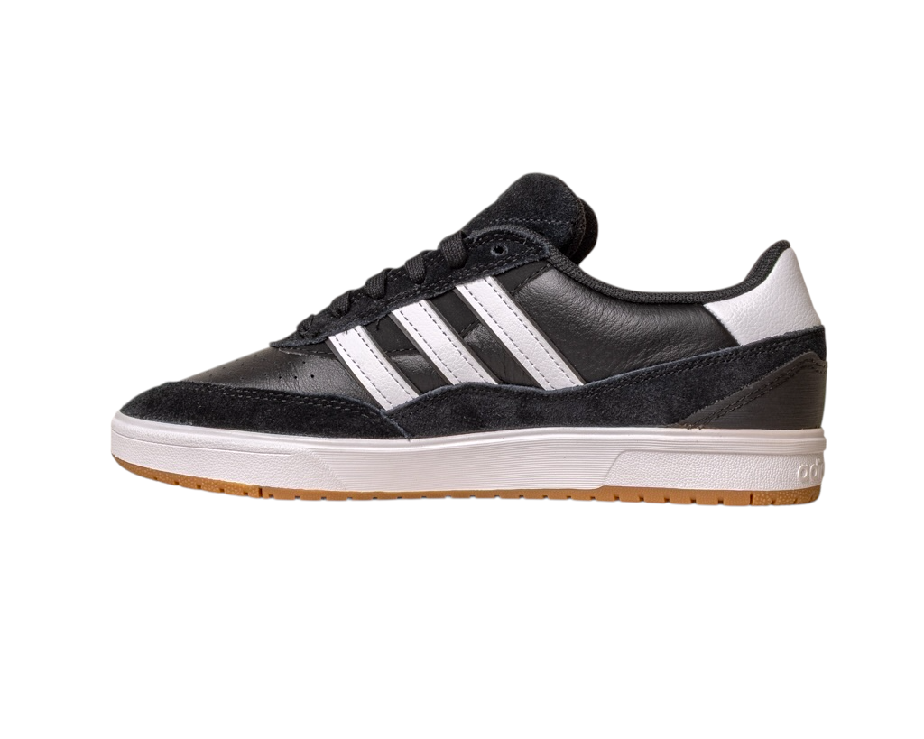 The JI 0846 Black White Gum Tyshawn 2 II Adidas Skateboarding Shoes feature black leather and suede, white stripes, a white heel and sole, and a light brown gum bottom, shown from the side on a white background. Perfect for stylish skateboarding.