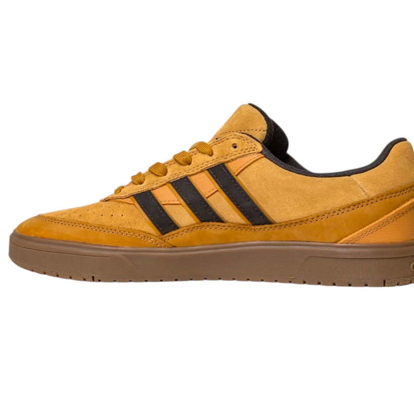 The JI0851 Mesa Black Gum Tyshawn 2 II adidas skateboarding shoe features tan suede, black stripes, brown laces, and a brown rubber cupsole, shown from the side on a white background.