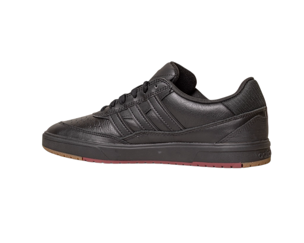 The Tyshawn 2 II Adidas Skateboarding Core Black/Core Green Leather Shoes feature a low profile, textured sole, and three side stripes, shown here against a white background.