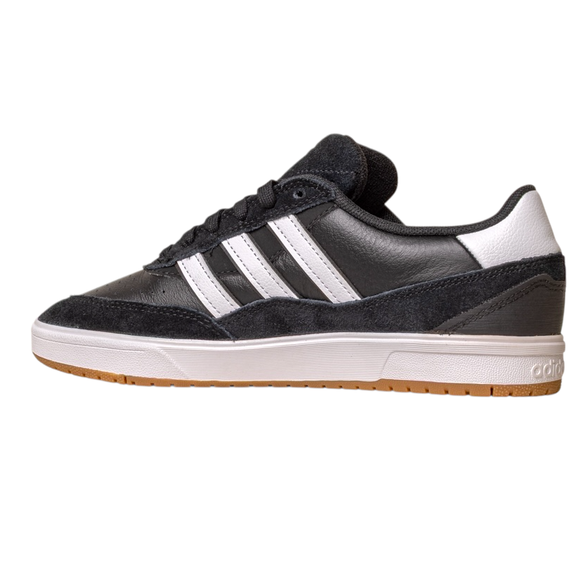The JI 0846 Black White Gum Tyshawn 2 Adidas Skateboarding Shoes feature premium leather and suede, signature three white stripes, white heel accent, and a white sole with a gum outsole for both style and durability.