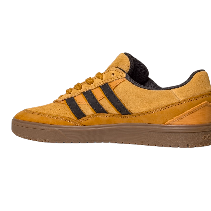The JI0851 Mesa Black Gum Tyshawn 2 II Adidas skateboarding shoe features yellow suede with black stripes, brown laces, and a brown rubber cupsole, shown in side profile—perfect for adidas skateboarding style.