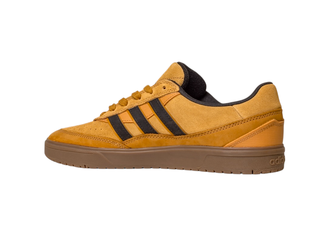 The JI0851 Mesa Black Gum Tyshawn 2 II Adidas skateboarding shoe features yellow suede with black stripes, brown laces, and a brown rubber cupsole, shown in side profile—perfect for adidas skateboarding style.