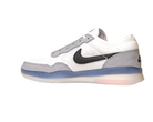 The FV8493-004 Grey White PS8 Nike SB Leather Knit Shoes feature white uppers with grey and light blue accents, a black Nike swoosh, Air Zoom cushioning, and a translucent sole, shown on a white background.