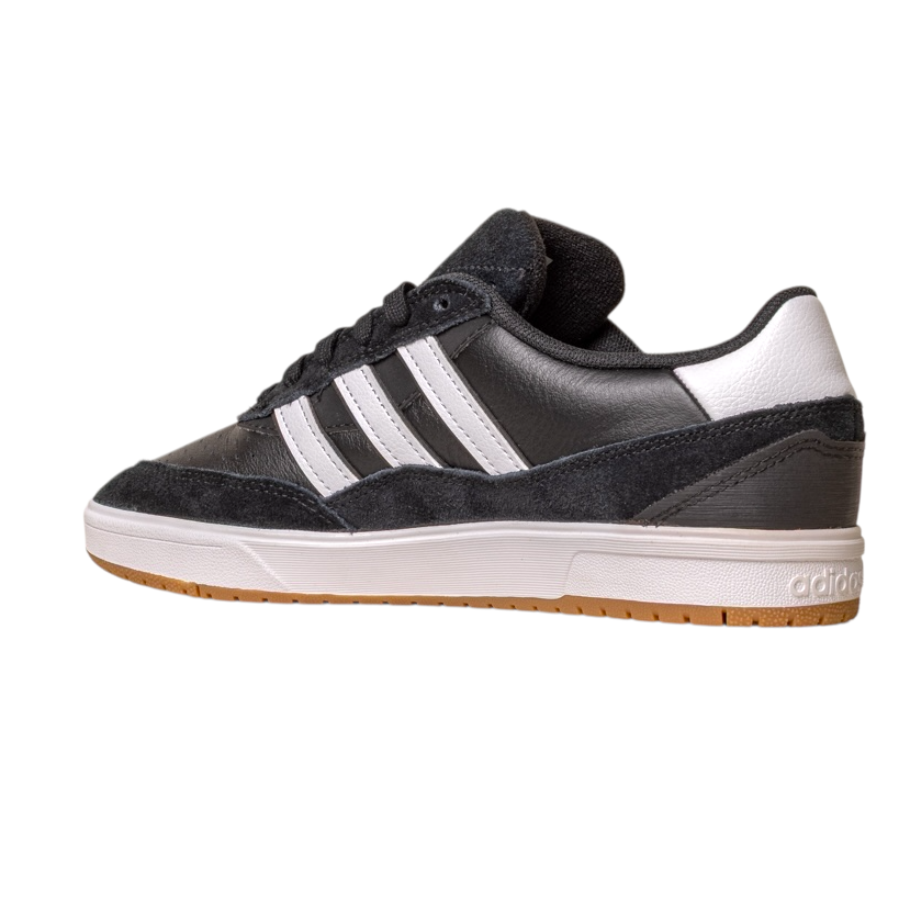 The JI 0846 Black White Gum Tyshawn 2 II Adidas Skateboarding Shoes feature black premium leather suede with three white stripes, a white heel and midsole, plus a light brown gum sole, displayed against a plain white background.