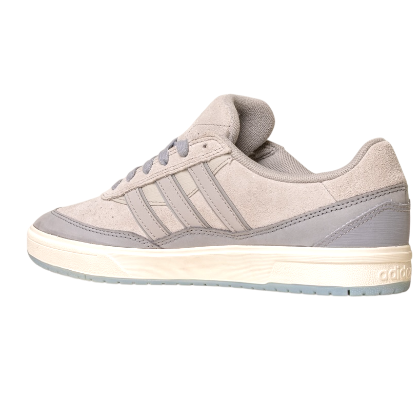 The JI0848 Granite White Tyshawn 2 Adidas Skateboarding Shoes feature light gray leather and suede, signature three stripes, a cream midsole, and light gray outsole, inspired by the iconic Tyshawn II design.