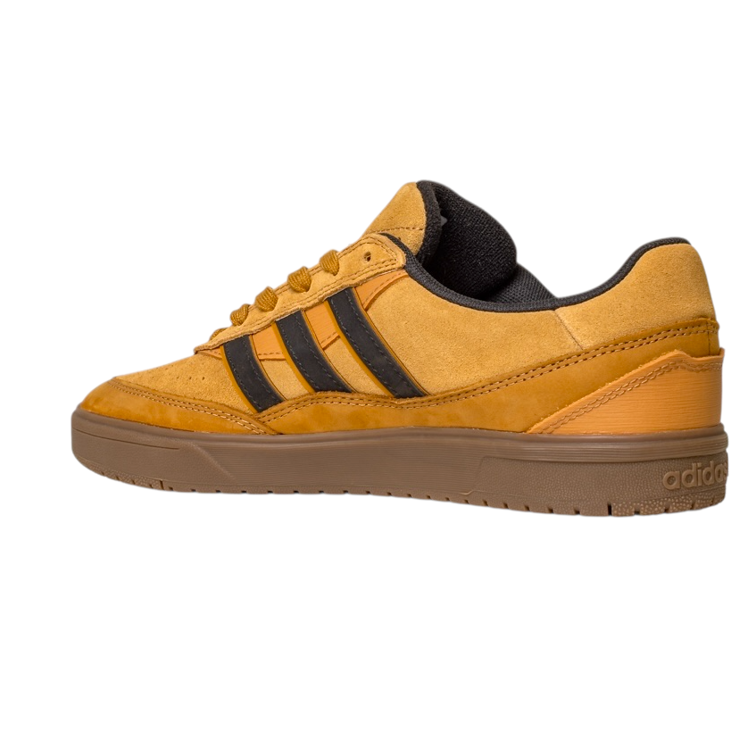 The JI0851 Mesa Black Gum Tyshawn II Adidas skateboarding shoe features mustard yellow (Mesa) leather and suede, black stripes, cupsole construction, brown gum sole, yellow laces, and a black inner lining—side view on a white background.