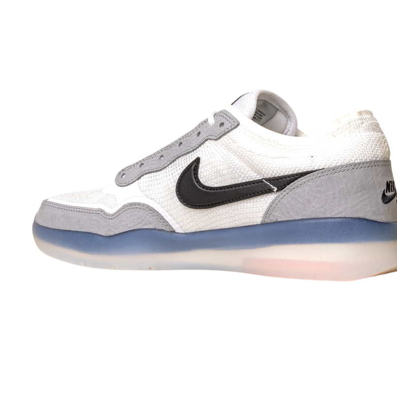 The FV8493-004 Grey White PS8 Nike SB Leather Knit Shoes feature a white and gray design, black Swoosh logo, mesh upper, and a translucent blue and white sole, displayed in side profile on a plain white background.