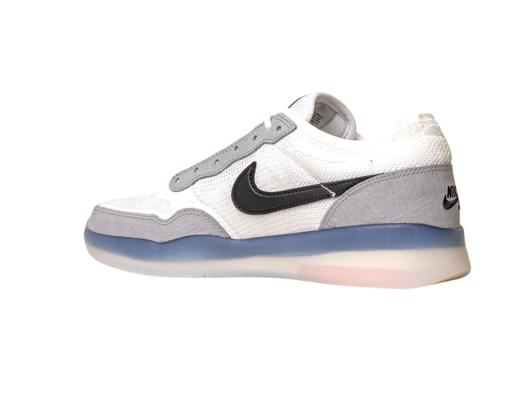 The FV8493-004 Grey White PS8 Nike SB Leather Knit Shoes feature a white and gray design, black Swoosh logo, mesh upper, and a translucent blue and white sole, displayed in side profile on a plain white background.