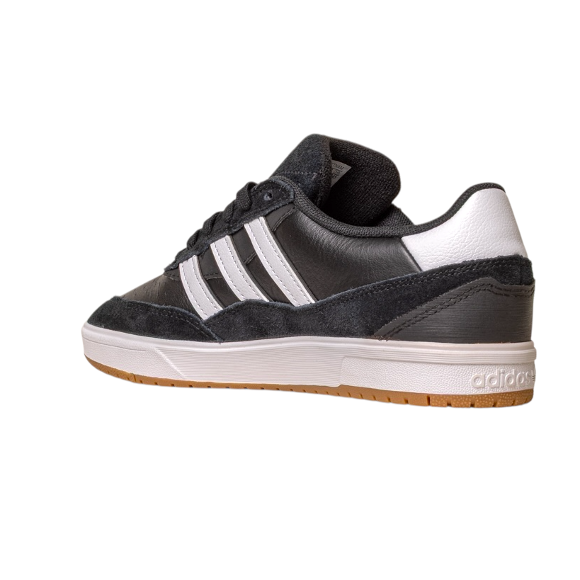 The JI 0846 Black White Gum Tyshawn 2 II Adidas Skateboarding Shoes feature black and white leather and suede, iconic three white stripes, a white heel detail, and a gum rubber sole, shown against a white background.