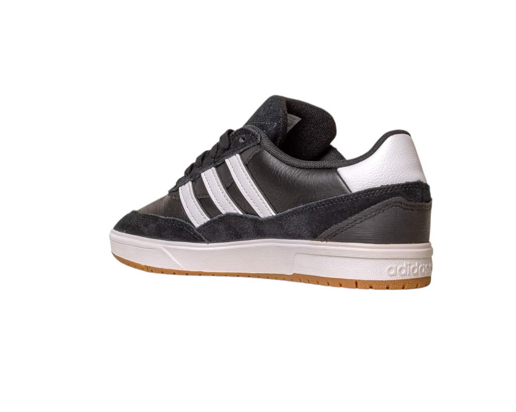 The JI 0846 Black White Gum Tyshawn 2 II Adidas Skateboarding Shoes feature black and white leather and suede, iconic three white stripes, a white heel detail, and a gum rubber sole, shown against a white background.