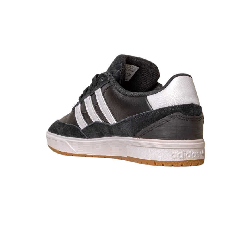 The JI 0846 Tyshawn 2 Adidas Skateboarding Shoe in black/white/gum features a black leather suede upper, three white stripes, white midsole, and gum sole, shown from the back and side against a white background.