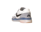 The FV8493-004 Grey White PS8 Nike SB Leather Knit Shoes feature a white and gray design, black swoosh, and light blue translucent sole with Air Zoom cushioning, shown from the back and side on a white background.