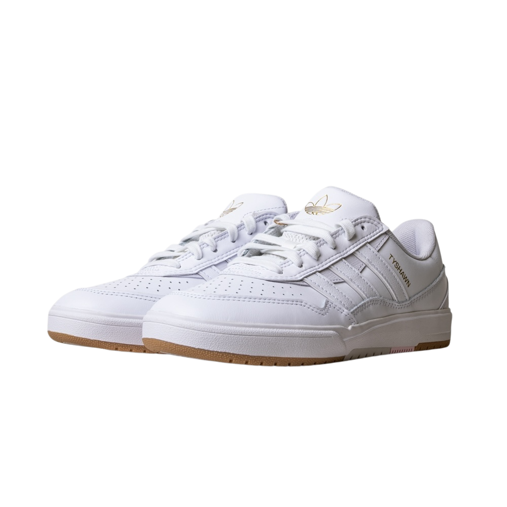 A pair of JQ1130 Cloud White Cloud White Tyshawn 2 II Adidas leather skateboarding shoes with light brown rubber cupsoles, Adidas logo, and three stripes on the side, displayed on a plain white background.