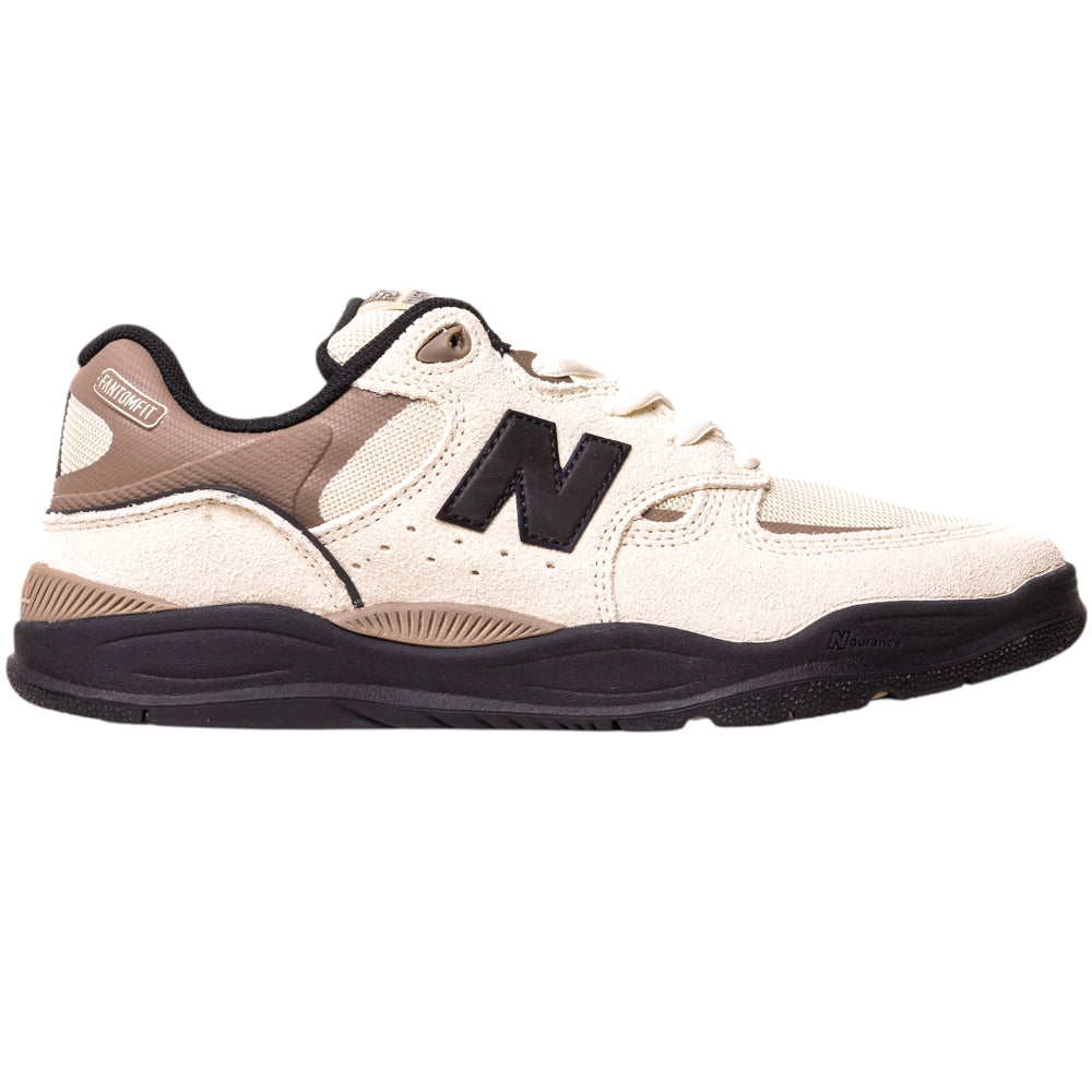 The 1010NS Linen Black Tiago Lemos New Balance Numeric Skateboarding Shoe features beige suede and brown mesh with a black N logo and sole, shown from the side against a white background.