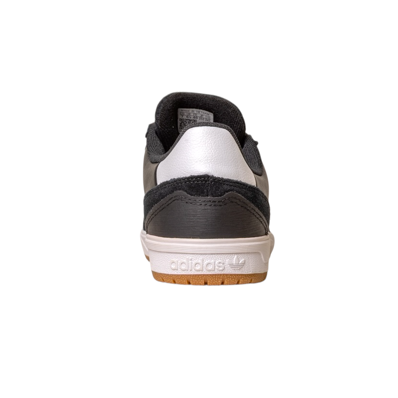 Rear view of the JI 0846 Black White Gum Tyshawn 2 Adidas Skateboarding Leather Suede Shoe, featuring black, white, and gray colors, a gum sole, and the Adidas logo on the heel.