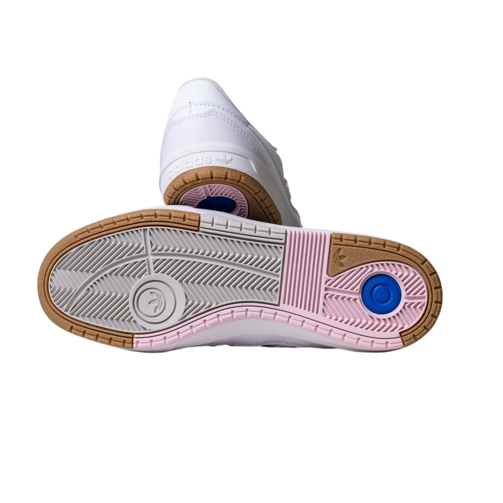 A pair of JQ1130 Cloud White Tyshawn 2 Adidas leather skateboarding shoes shown from the side and bottom, featuring light brown, pink, and blue accents on the rubber cupsoles.
