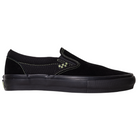The VN000EKPGSH Black Black Olive Skate Slip On Vans Suede Shoes features a black suede upper, thick black sole, white stitching, and a green checkerboard accent—offering skaters durable performance and classic style.