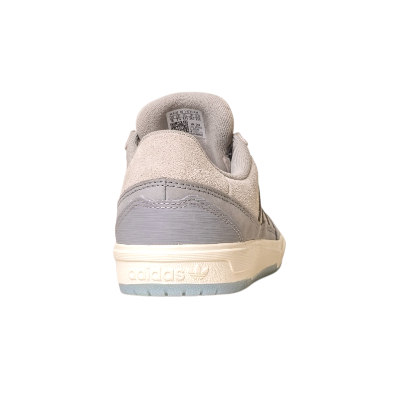 A back view of the JI0848 Granite White Tyshawn 2 II Adidas Skateboarding Shoes, featuring a light gray suede and leather upper, a cream sole with the Adidas logo, and subtle heel texture from the Skateboarding collection.