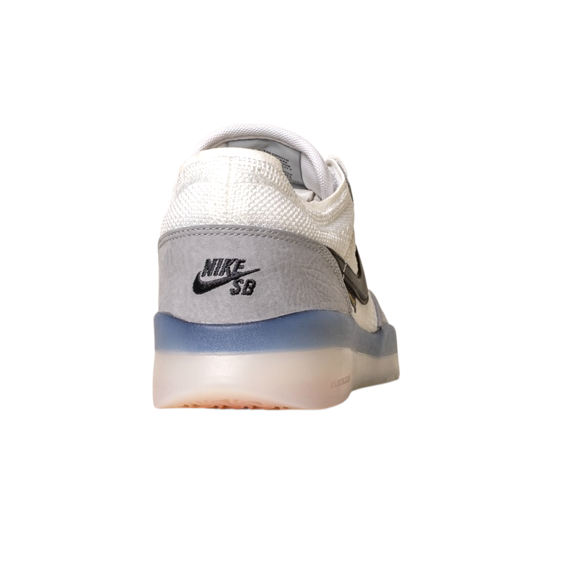 The FV8493004 Grey White PS8 Nike SB Leather Knit Shoes are shown from the back, featuring a black Nike SB logo on the heel and a translucent blue and white HART outsole.