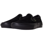 The VN000EKPGSH Black Black Olive Skate Slip On Vans Suede Shoes feature thick rubber soles, white upper stitching, and a green accent near the heel—ideal for those wanting durable skate shoes.