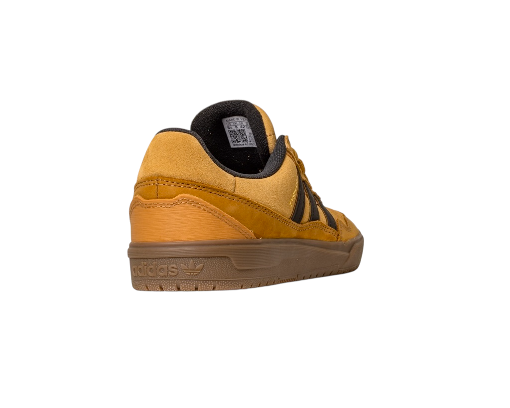 The JI0851 Mesa Black Gum Tyshawn 2 II Adidas Leather Suede Skateboarding Shoe features a mustard yellow upper with black stripes, gum cupsole, and heel Adidas logo, shown from the back left on a white background—perfect for skateboarding fans.