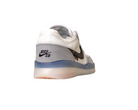 The FV8493-004 Grey White PS8 Nike SB Leather Knit Shoes feature a white and gray design, black swoosh, translucent HART outsole, and NIKE SB heel branding. The shoes are shown from the back and side on a white background.