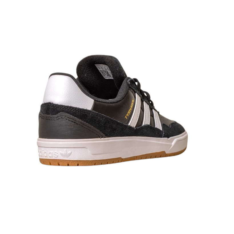 The JI 0846 Black White Gum Tyshawn 2 II Adidas Skateboarding leather and suede shoes with three white stripes, gold branding, and a gum sole are displayed at an angle against a white background.