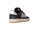 The JI 0846 Black White Gum Tyshawn 2 II Adidas Skateboarding leather and suede shoes with three white stripes, gold branding, and a gum sole are displayed at an angle against a white background.