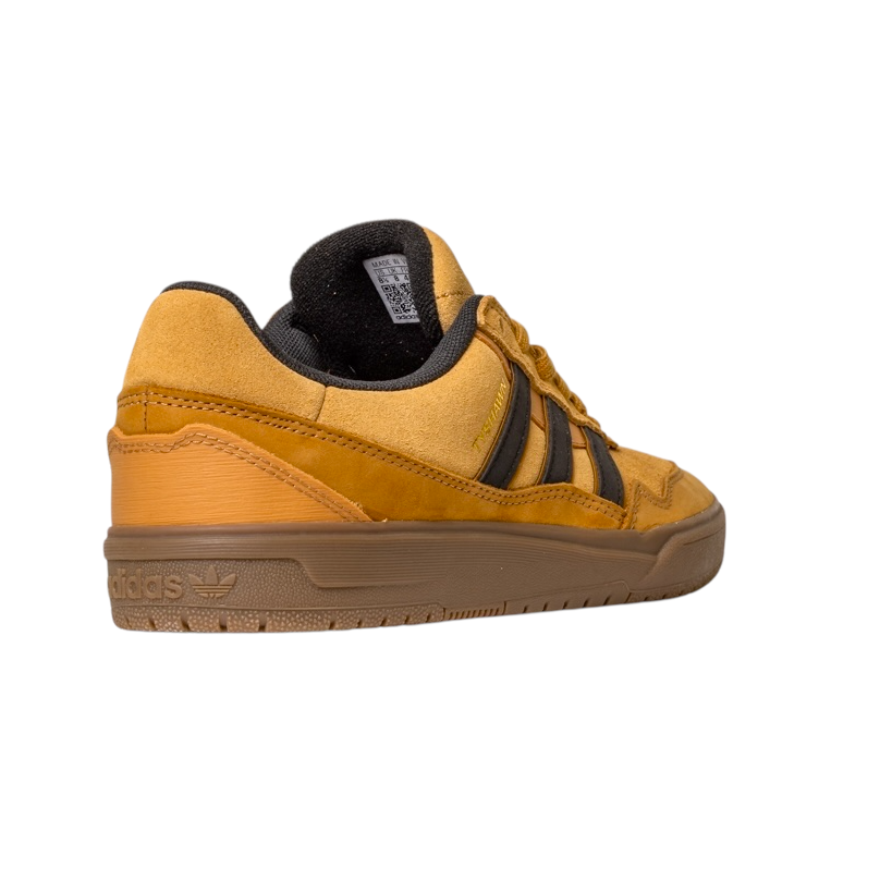 The JI0851 Mesa Black Gum Tyshawn 2 II Adidas Leather Suede Skateboarding Shoes, in tan and brown with black stripes, cupsole construction, and a gum rubber sole, are shown from back and side angles on a white background.