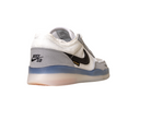 The FV8493004 Grey White PS8 Nike SB Leather Knit Shoes feature a white mesh upper, grey heel, black swoosh, and semi-translucent blue sole, shown from the rear left side against a white background.