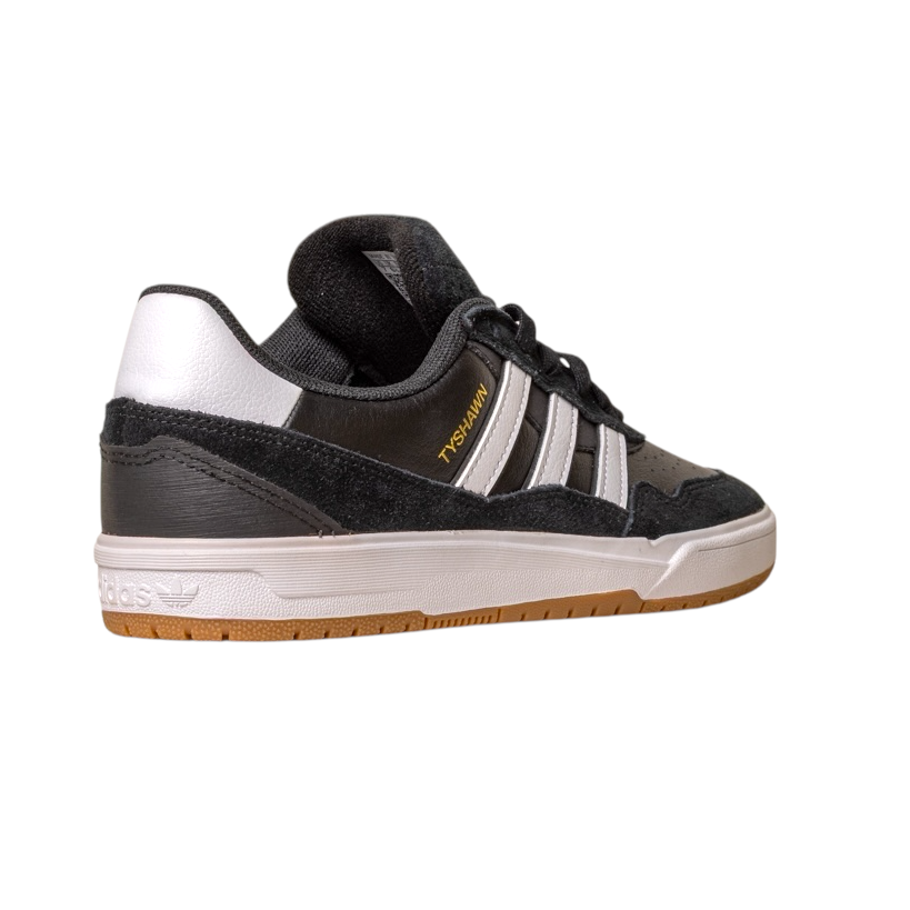 The JI 0846 Black White Gum Tyshawn 2 II Adidas Skateboarding Leather Suede Shoes feature gold “TYSHAWN” text, three white stripes, and a white and gum sole, shown on a white background.