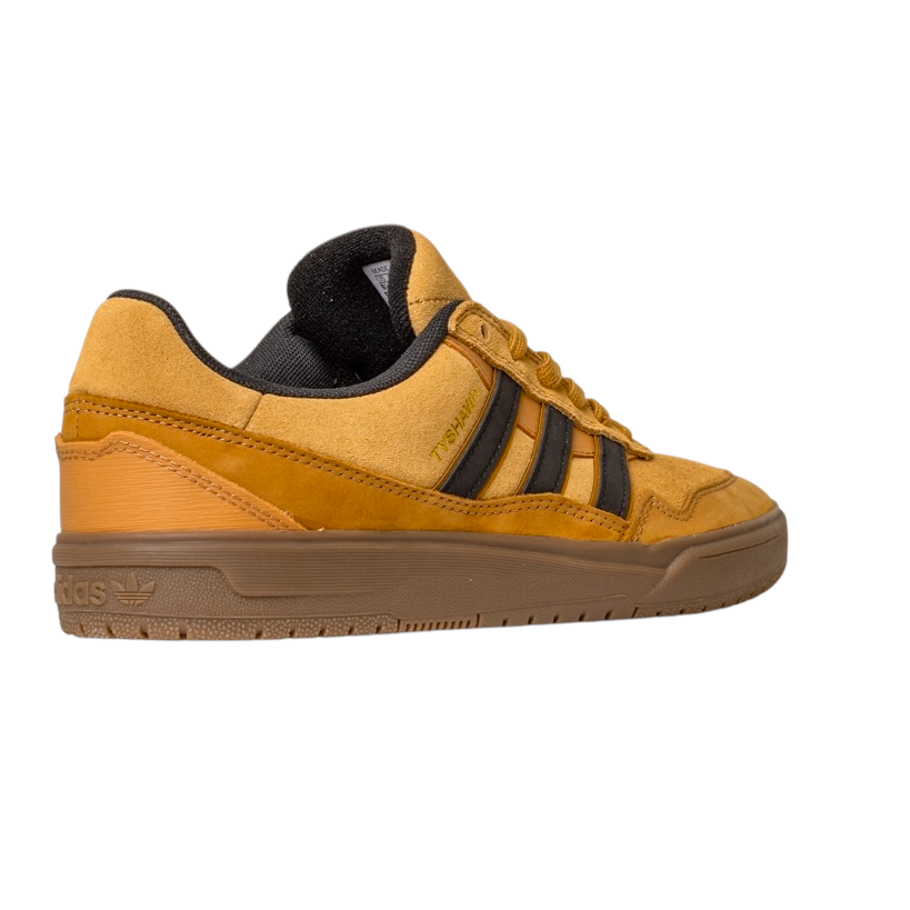 The JI0851 Mesa Black Gum Tyshawn 2 Adidas Leather Suede Skateboarding Shoe features mustard yellow suede and leather, black stripes and lining, a brown rubber sole, cupsole construction, and is displayed on a white background.