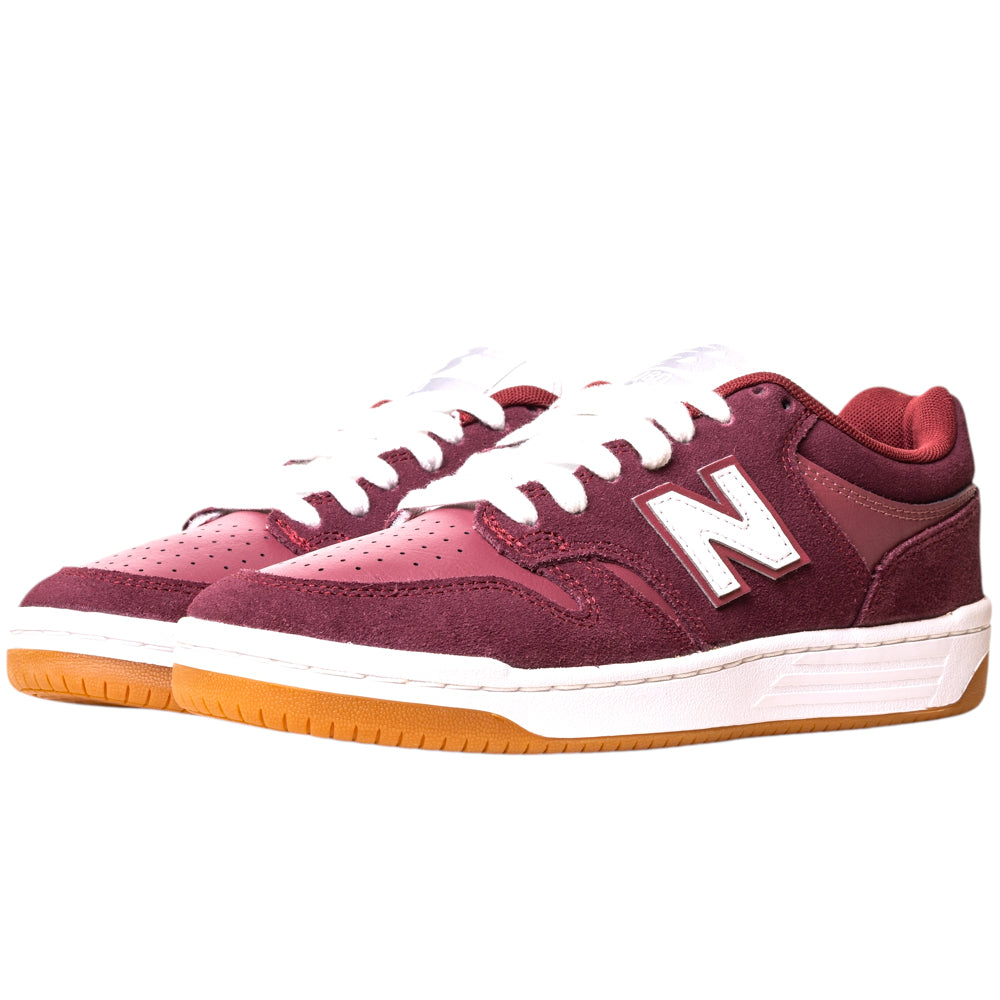 The 480PRO Monarch Burgundy New Balance Numeric suede skateboarding shoes feature maroon and burgundy hues, white laces, FuelCell foam midsoles, gum outsoles, and a bold white N logo on the sides.